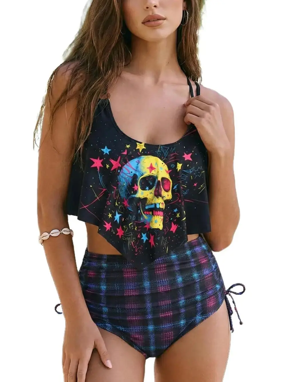 ROSEGALETTE Women's Colorful Skull 2-Piece Tankini Set - Quick Dry Crisscross Back High-Waisted Shorts Swimwear for Back-to-School Shopping (Relaxed Fit), Two Piece Set, Relaxed Flow