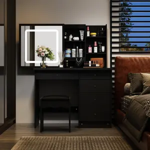 FUFU&GAGA (QC) Large Vanity Desk Set with Sliding Lighted Mirror, Makeup Dressing Table Hidden Shelves & Cushioned Stool, Stool Set