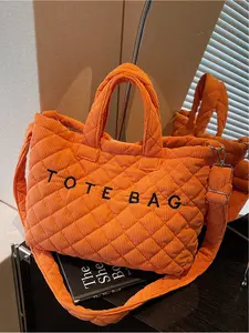 New Lattice Canvas Tote Bag for Women Cotton Padded Lightweight Quilted Tote Large Capacity Shoulder Bag Handheld Casual Big Bag Commuting Bag