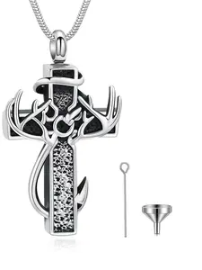 1 Pcs Cross Cremation Jewelry Urn Necklace for Human Ashes Fish Hook Memorial Urn Pendant Deer Antler Cross Ashes Holder Keepsake Jewelry Cross Necklaces
