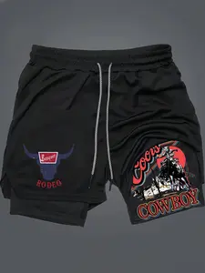 Men's Cowboy Shorts, Cross & Letter Print Design, 2-In-1 Drawstring Waist, Loose Fit, Casual Shorts, Short Pants for All Seasons, Anime Graphic Gift