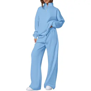 PrettyGarden Womens Casual Two Piece Sets Fall Outfits Quarter Zip Stand Collar Sweatshirts Straight Wide Leg Pants Sweatsuits Tracksuit-Travel Outfit-Minimalist Womenswear-Premium Loungewear #falltok#backtoschoolshopping