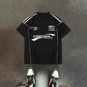 Men's summer ice silk thin striped short sleeved racing motorcycle suit T-shirt, summer trendy high street style casual loose and versatile clothes for men