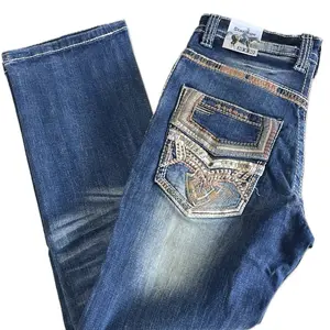 SA039 Dark Blue Denim Jeans with Intricate Embroidery and Gold Accents for Men