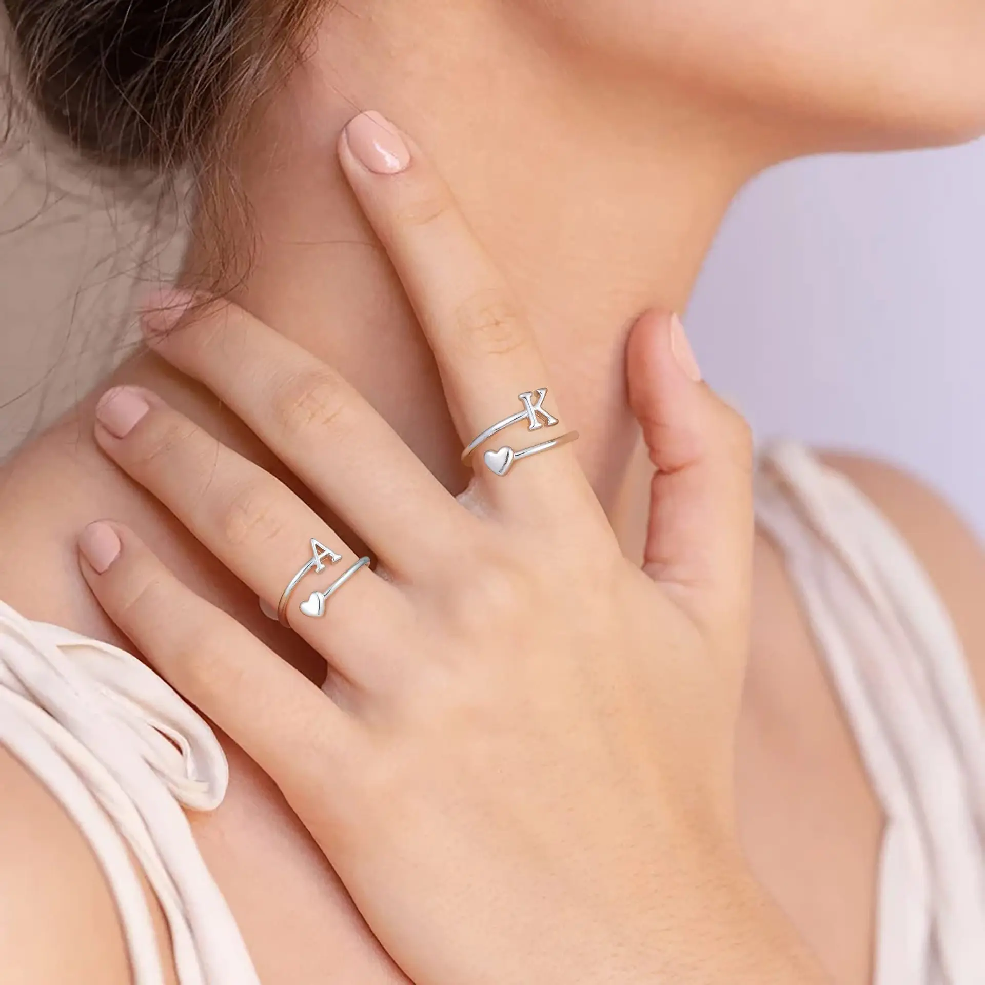 Initial ring 26 English letter ring heart shape flower body letter ring plain ring open ring simple personality ring girlfriend gifts