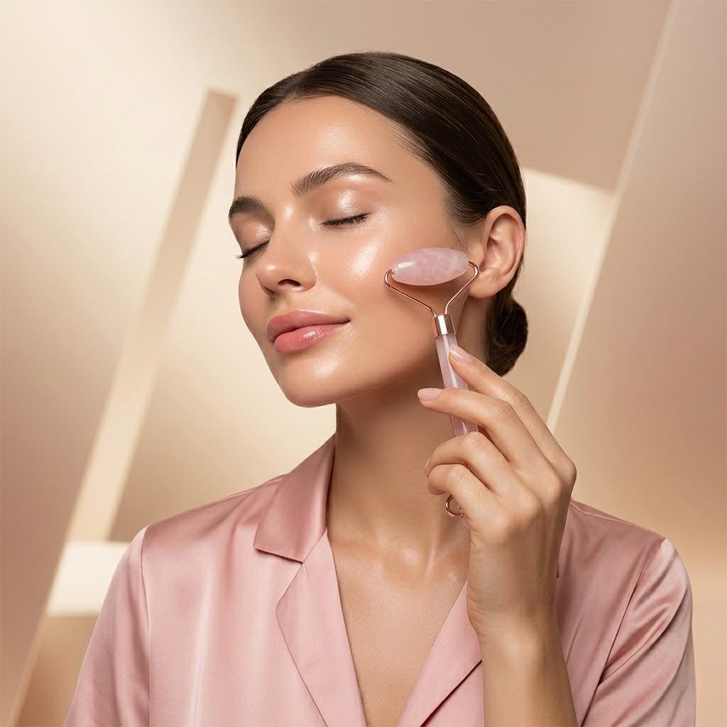 Rose Quartz Facial Roller & Gua Sha Set | Cooling Massage Tools for Glowing Skin & Self-Care Ritual