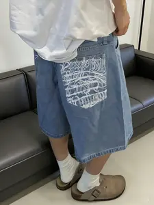 Men's Loose Fit Jeans Capri Pants, Light Blue Wide Leg Straight Leg Cropped Vintage Denim Shorts, Casual Streetwear Knee-Length Zipper Fly Bottoms for All Seasons, Menswear