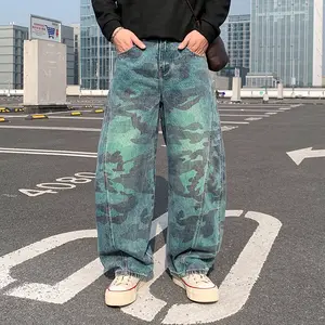 2026 New Street Style Color-Block Camouflage Jeans for Men, New Trendy Brand Loose Fit Draped Scythe Pants