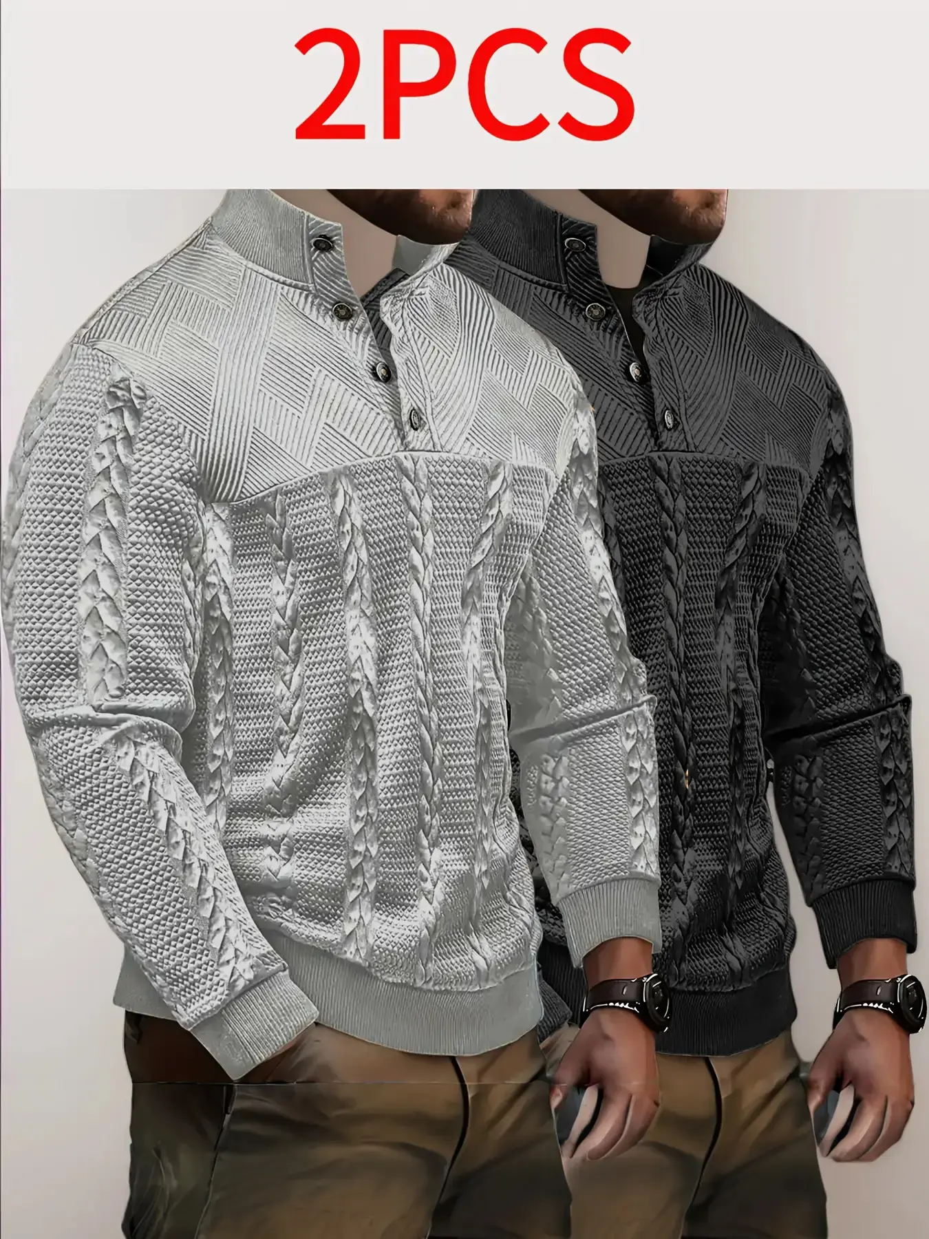 2pcs Men'S Heavyweight Jacquard Knitwear Sweater Set - Cozy Long Sleeve Henley Shirts with Button Details, &, Perfect for Fall/Winter Casual Wear, Casual Winter Wear|Button Detail Shirt|Stretchy Fabric, Knit Sweater Top, Menswear