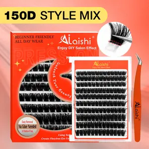 Ailaishi Self Adhesive Lash Clusters, 150D/200D Volume, No Glue Needed, DIY Eyelash Extension Kit 10–20mm, 100–130pcs D-Curl Soft Cat Eye Lashes with Tweezers