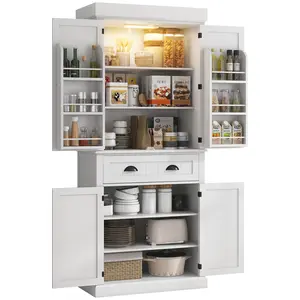 71" Kitchen Pantry Cabinet with LED Lights – White, 6 Door Shelves, Drawer & 4 Adjustable Shelves, Magnetic LED with Motion/Light Sensors, 282 lbs Capacity