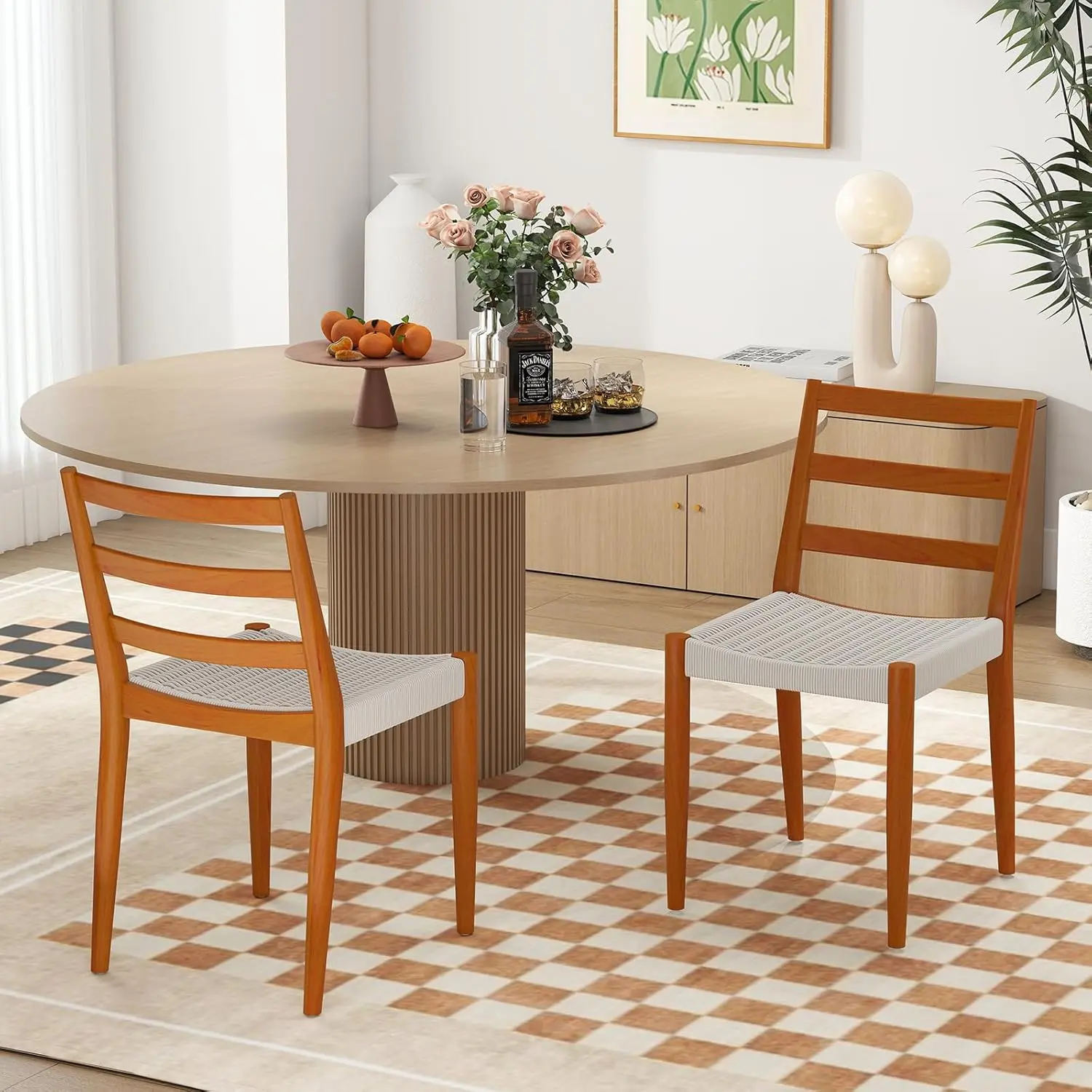 EBELLO Wood Rattan Dining Chairs Set of 2, Dining Room Chairs with Woven Seat and Solid Wood Legs, Armless Kitchen Chair with Curved Backrest, Brown&Beige