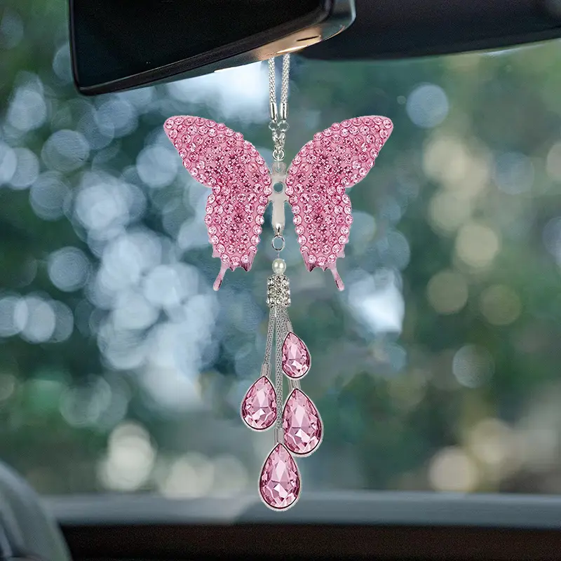 Butterfly Crystal Hanging Decor Pink Rhinestone Pendant Ornament Decorative Hanging Charm for Car Rearview Mirror Home Window Wall Door Backpack Handbag Room Decoration Gift for Women and Teen Girls
