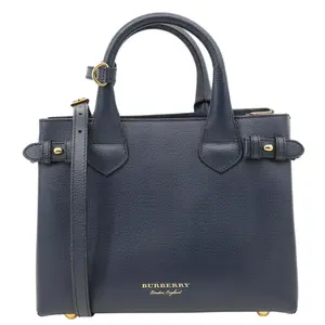 Pre-owned BURBERRY Canvas and Leather Tote Bags Banner Small House Check Leather Tote Bag Navy Blue