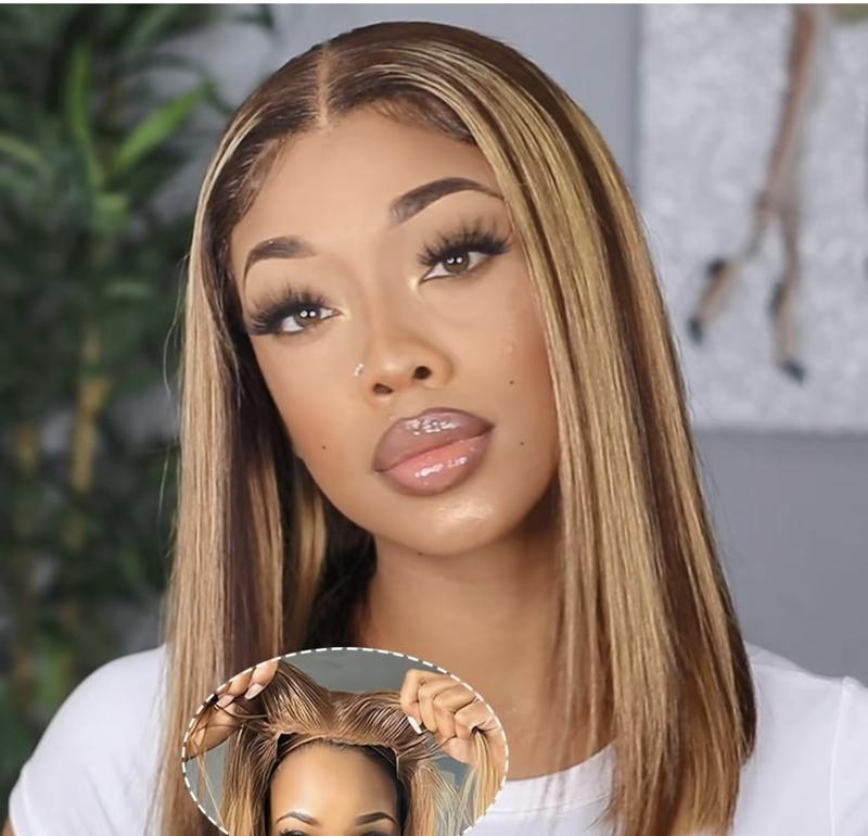Highlight Lace Front Bob Wig Human Hair 14 Inch Ombre Honey Blonde 13x4 Hd Lace Front Wigs Human Hair Pre Plucked Middle Part 4/27 Colored Lace Frontal Wigs(14 Inch, 4/27 Highlight)