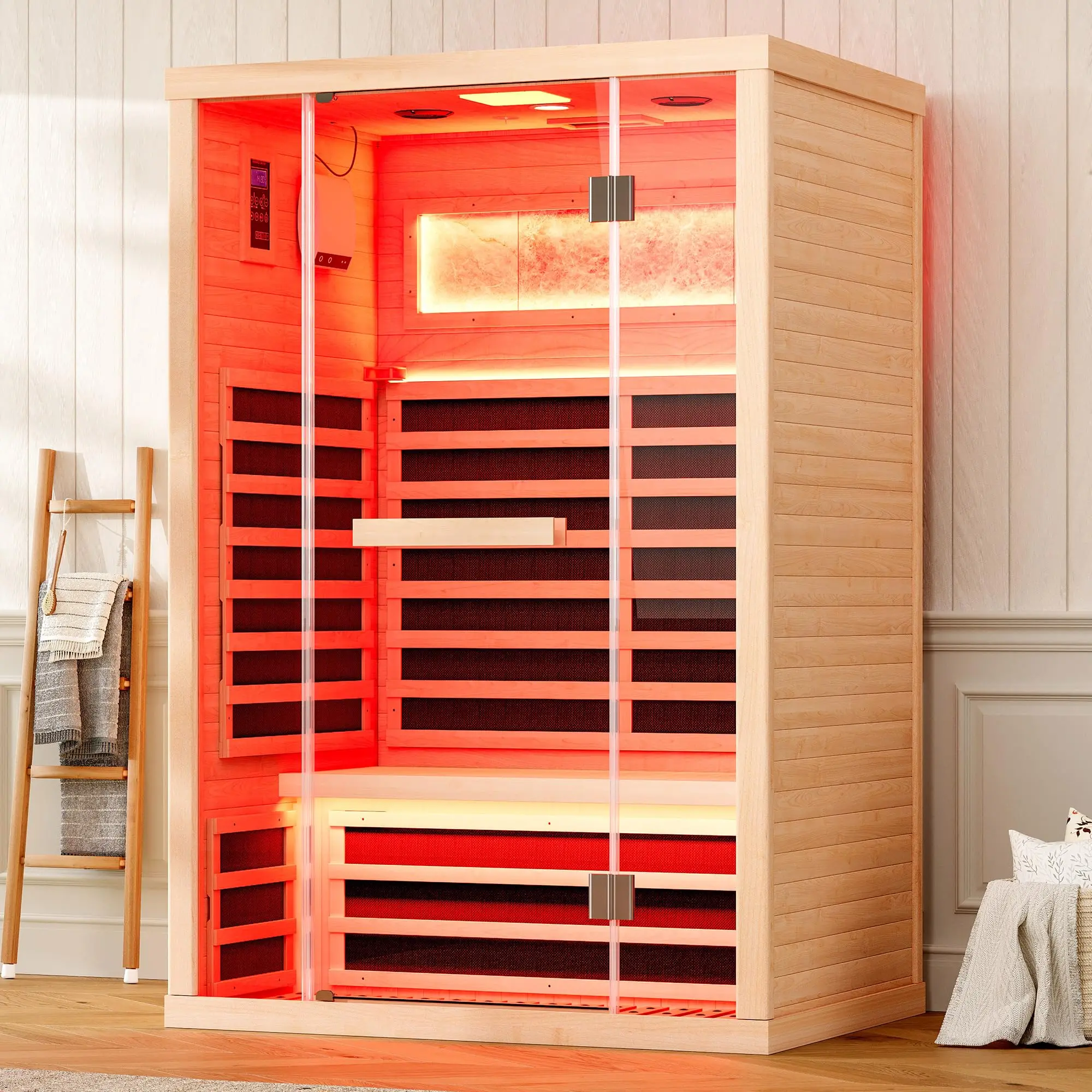[Summerwins] [SummerFinds] AMERLIFE Indoor/Outdoor Infrared Sauna for 1/2/4 Person, Low EMF 930W/110V&1463W/110V&2145W/110V Hemlock Wood Sauna with Tourmaline Foot Warmer, 7-Color Light Therapy, Salt Crystal Bricks, Easy Assembly