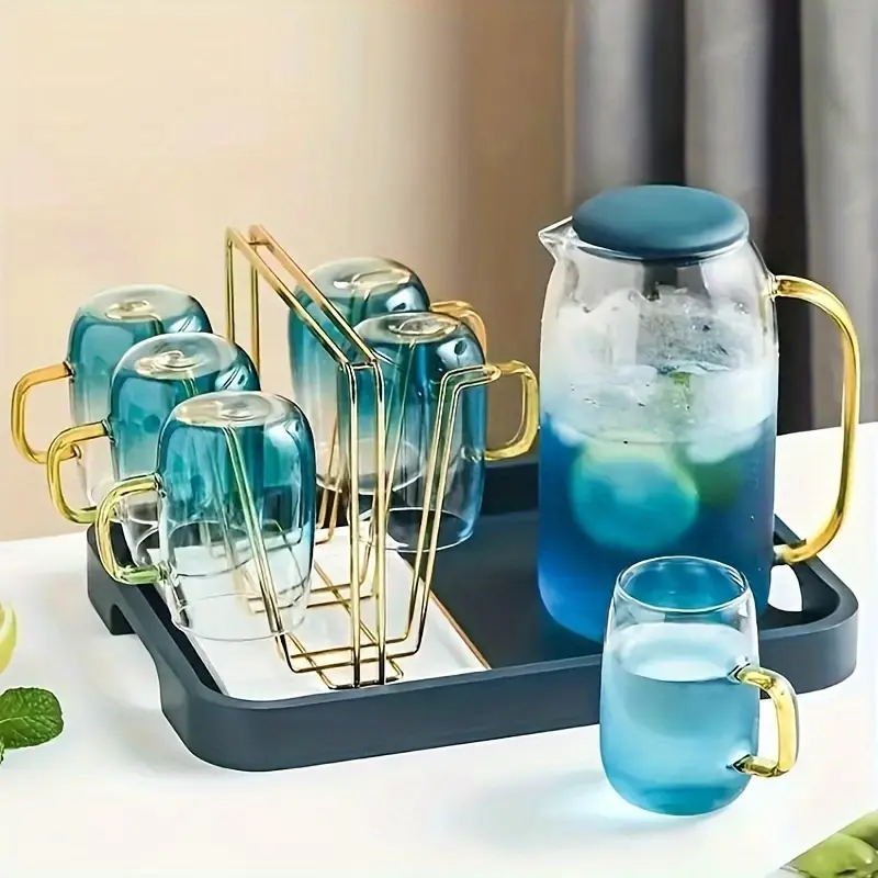 5PCS  Piece Glass Water Bottle and Cup Set Blue Elegant Luxury Drinkware with 1 Large Bottle and 4 Cups for Iced Tea Coffee Juice Dishwasher Safe Glass Tumbler Set Glassware Set