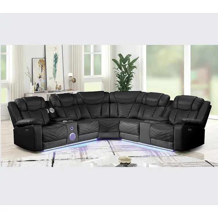 Minimal Chic Black Modern Recliner Sectional Sofa - Adult High-End Clean Minimalist Faux Living Room Furniture, Faux Leather-Wood Construction, Stainless Steel Accents, Built-In USB Ports, Bluetooth Functionality, High-End Living Room Furniture