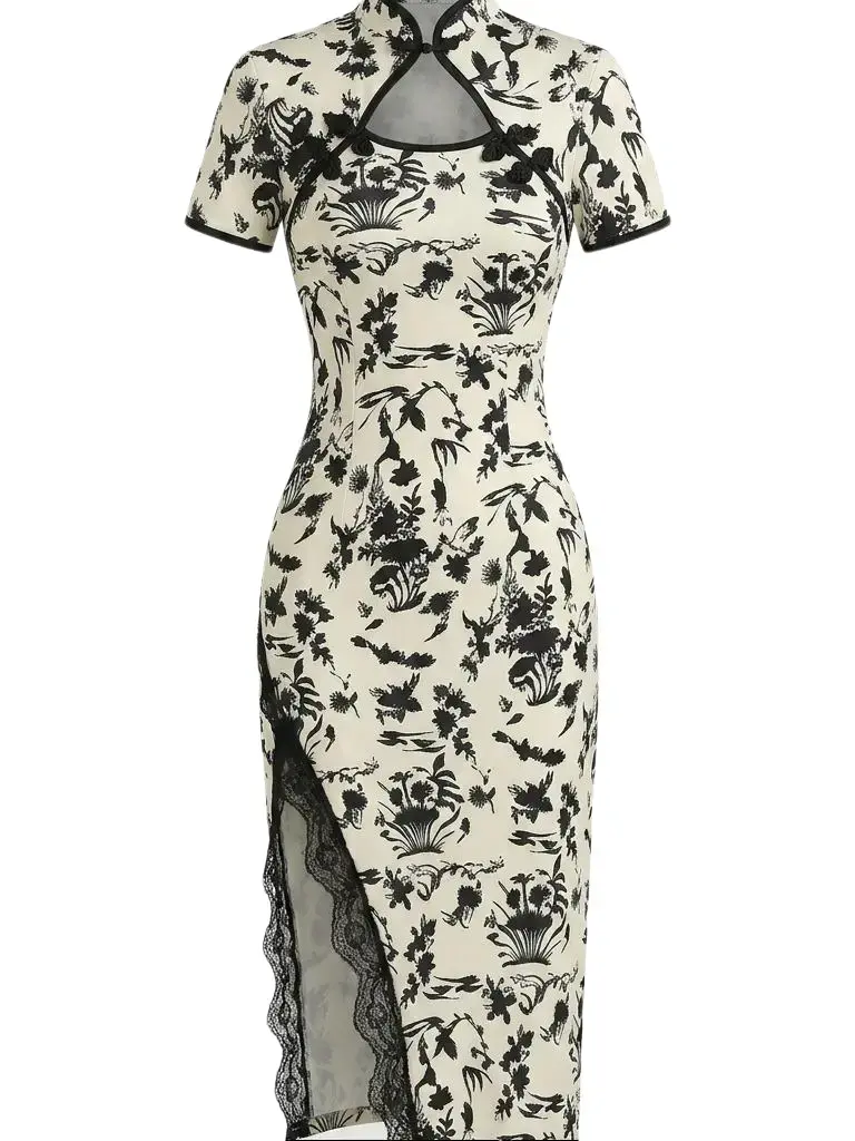 Women’s Floral Print Qipao-Inspired Bodycon Midi Dress, Mandarin Collar Keyhole Short Sleeve Lace Side Slit Cocktail Party Dress