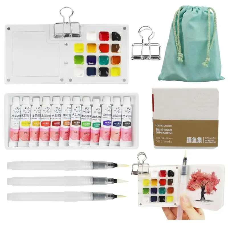 Portable Mini Watercolor Palette Set - Acrylic Grid Paint Box, Sketchbook, Brush Pens, Travel Paint Tray with Pigment & Clip for Painters, Artists, Students (15 Color)