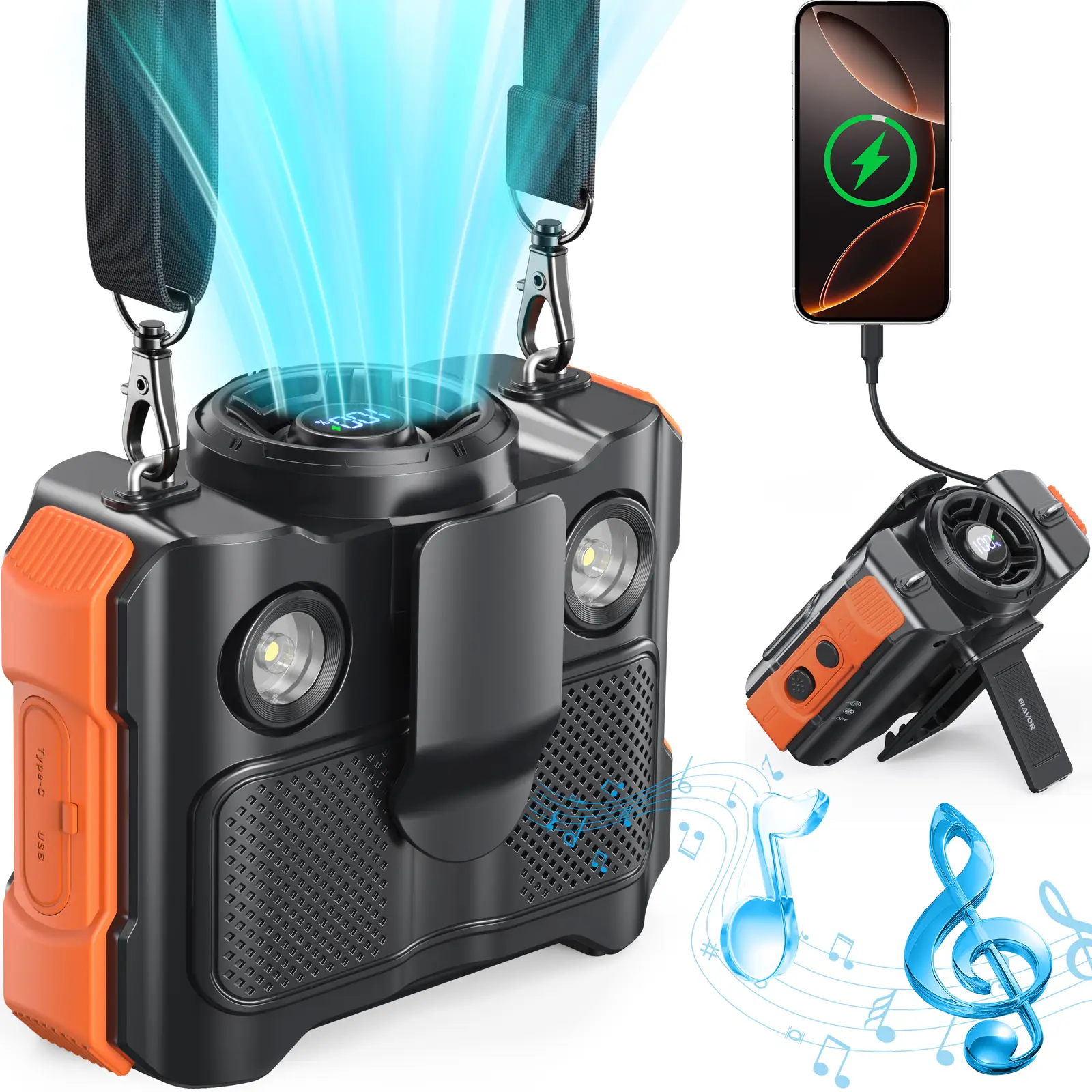 BLAVOR Bluetooth Waist Speaker, Bluetooth Speaker with HD Sound With Portable Fan , 16000RPM Strong Airflow Fan with up to 40H of Working Time, Person