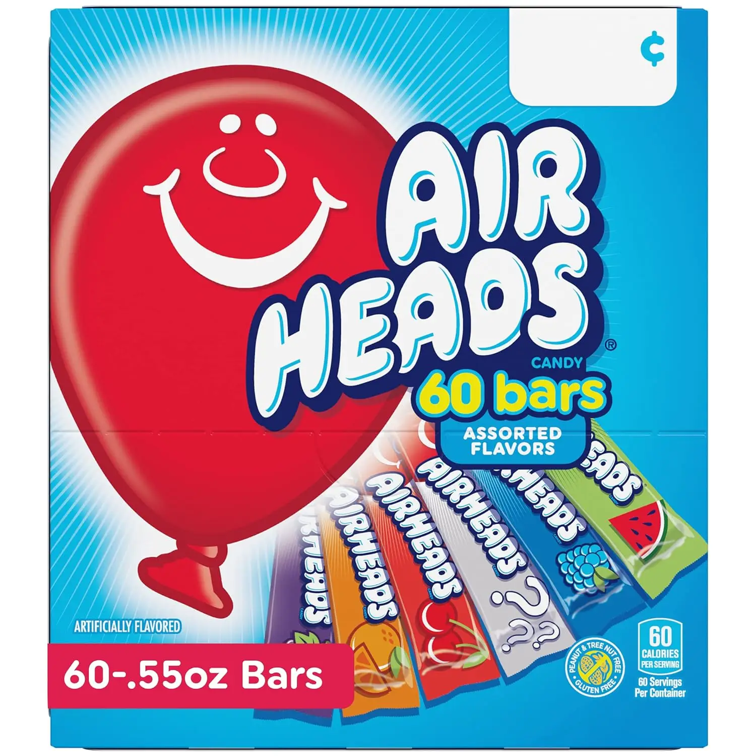 Airheads Candy Bars, Variety Bulk Box, Chewy Full Size Fruit Taffy, Gifts, Holiday, Parties, Concessions, Pantry, Non Melting, Party, 60 Individually