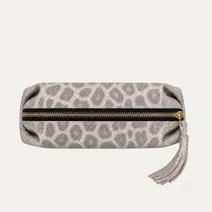 Large Italian Leather Clamshell Make-Up Bag, Taupe Cheetah Elegant Grab-And-Go Lovely Pouch Make-Up Bag, Clamshell Make-Up Bags, Elegant Make-Up Bags