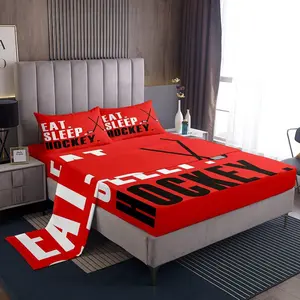 Ice Hockey Bedding Sports Event Sheets with Deep Pocket for Boys Girls,Women Men Red Eat Sleep Hockey Bed Sheet Set,Winter Hobby Room Decor