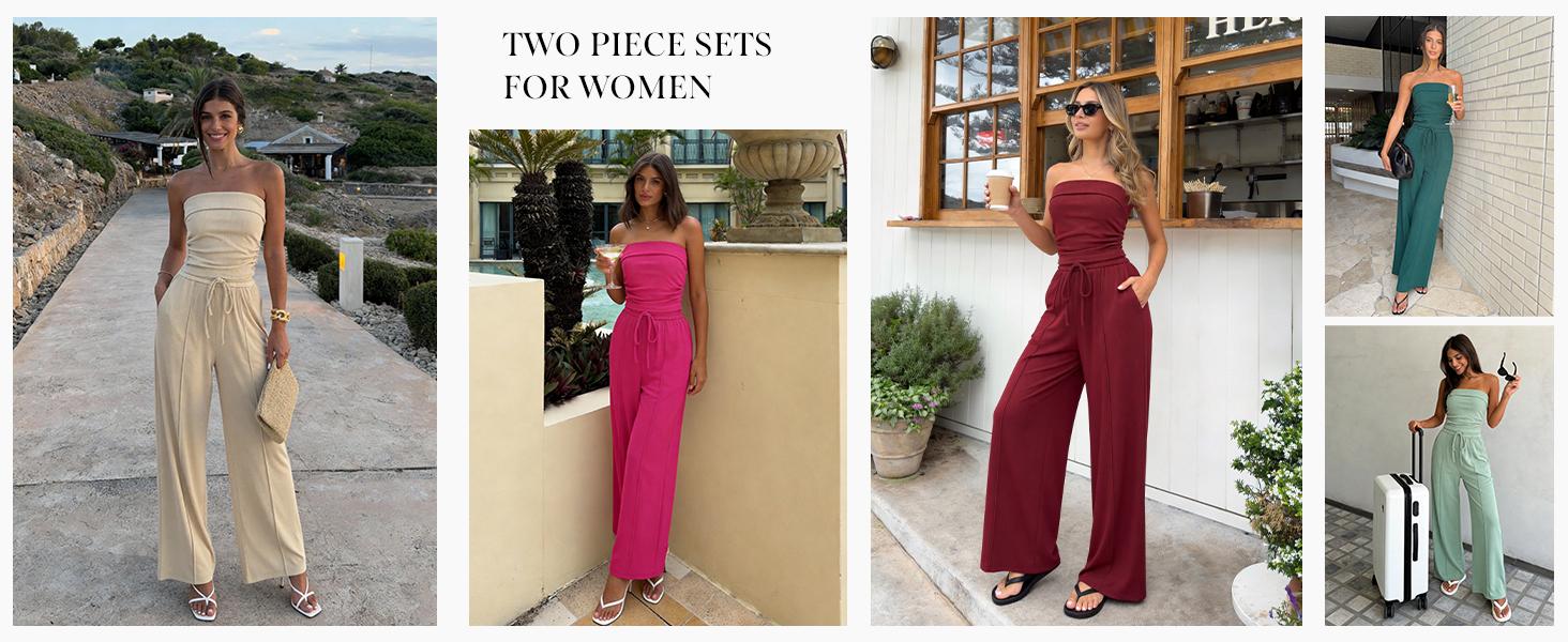 PrettyGarden Womens Summer Outfits 2 Piece Sets Casual Ribbed Knit Crop Tube Top Wide Leg Pants Spring Matching Lounge Set