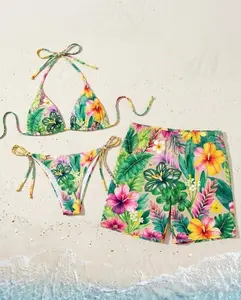 Unisex 2-Piece Tropical Print Couple Swimwear Set - Hibiscus Bikini, Adjustable Tie Men's Trunks, Moisture-Wicking Swimsuits for Hawaiian Beach, Summer