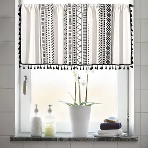Cotton Linen Boho Curtains with Tassels Black and Ivory Striped Window Valances, Farmhouse Window Treatment for Kitchen Bathroom, 55-inch by 18-inch