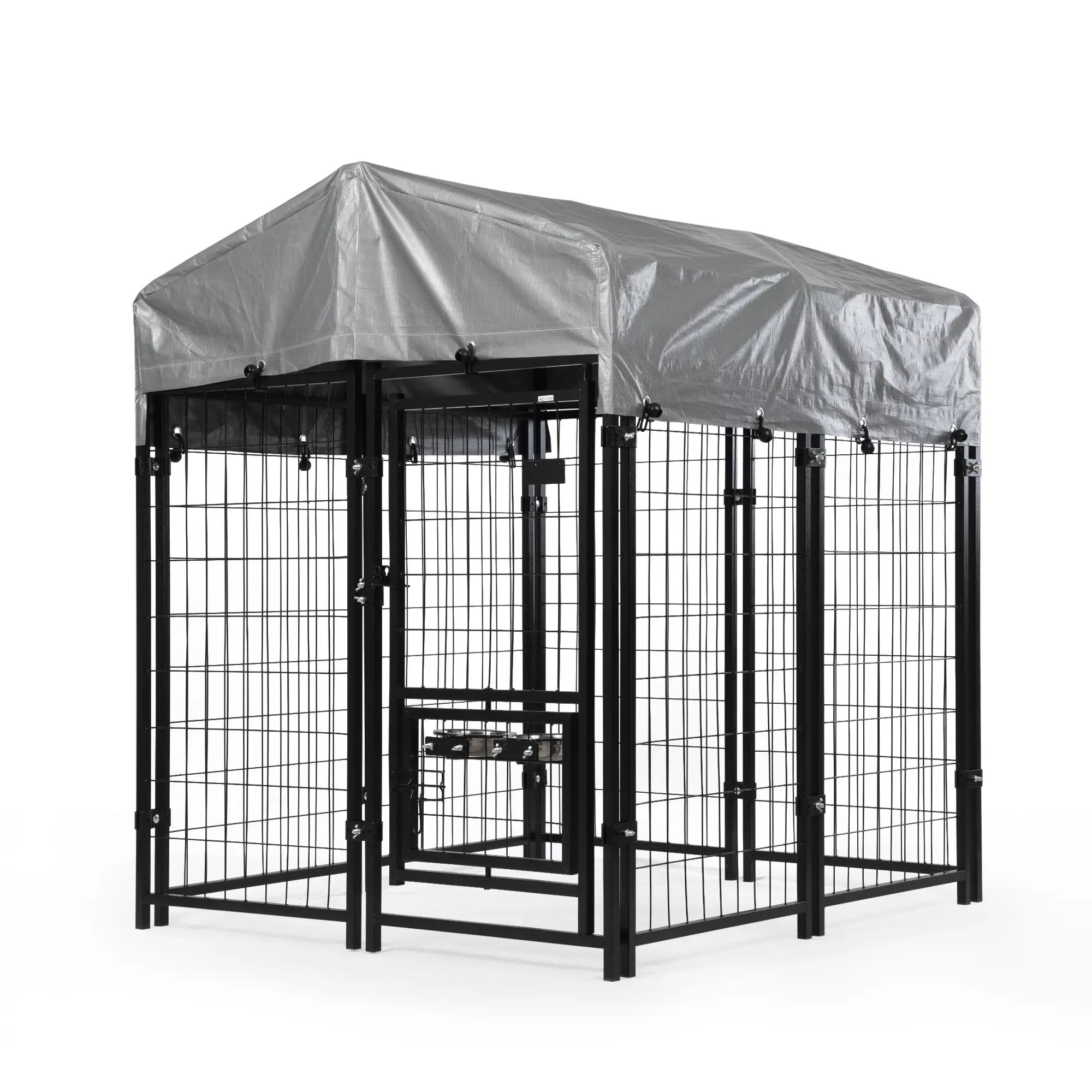 Outdoor Dog Kennel with Roof 2 Dog Bowls Large House Pen Secure Lock Waterproof Sunproof Cover 4'L x 4'W x 4.6'H Black