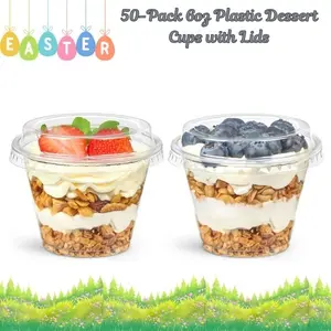 50-Pack 6oz Plastic Dessert Cups with Lids – Mini Round Yogurt, Parfait, Pudding, Fruit, Cake, Appetizer Party Cups, Disposable Dessert Shot Glasses