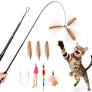Potaroma Carbon Fiber Cat Wand Toy – Lightweight Retractable Interactive Feather Teaser Stick with 6 Detachable Feathers, Indoor Kitten Fishing Pole Toy with Bells, Durable Enrichment Fun