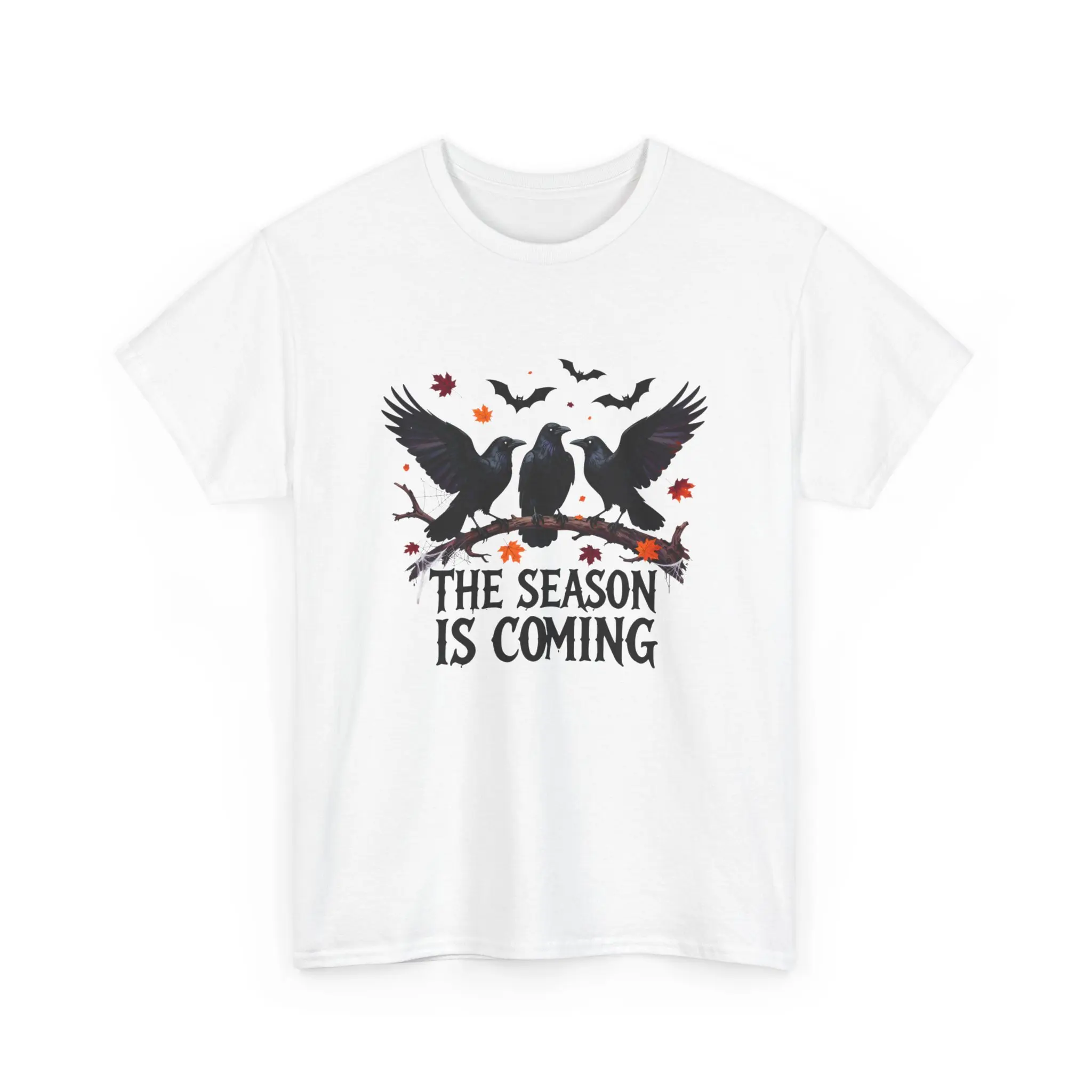 Crew‑neck short‑sleeve top with crows, bats and fallen‑leaves artwork paired with spooky‑style letter slogan, autumn‑holiday themed unisex everyday shirt