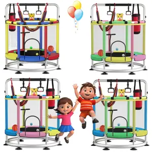 Kids Trampoline with Safety Enclosure - Ideal for Indoor & Outdoor Use in the USA! 440 lb Capacity, Seamless Safety Design, Adjustable Gymnastics Bar Included - Perfect Holiday & Birthday Gifts for American Boys and Girls，55 Inch