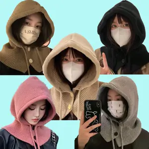 Knitted hooded beanie hat, windproof balaclava for winter, windproof winter stretch neck hat, adjustable size warm cycling hat, fashionable two in one hat scarf, windproof cute casual hat