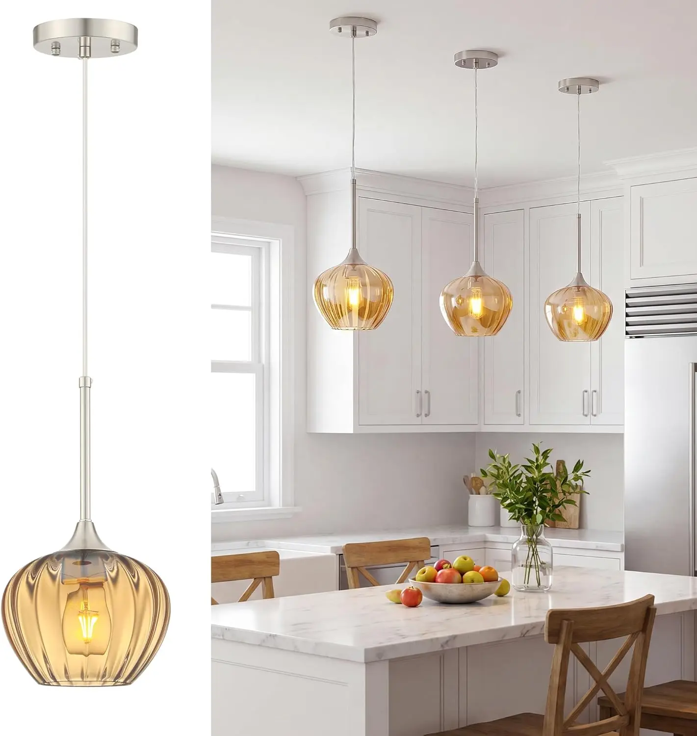 Amber Pendant Lights Kitchen Island, 7" Modern Glass Pendant Light, Brushed Nickel Adjustable Hanging Lamp Fixture for Sink, Bathroom, Dining Room Home Decor