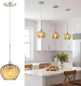 Amber Pendant Lights Kitchen Island, 7" Modern Glass Pendant Light, Brushed Nickel Adjustable Hanging Lamp Fixture for Sink, Bathroom, Dining Room Home Decor