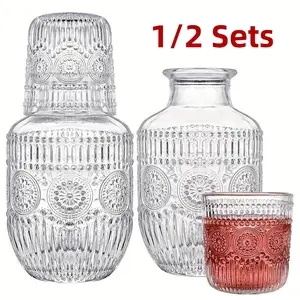 Elegant Glass Bedside Water Bottle and Cup Set, Leaf-Pattern Water Jug with Lid, Durable Transparent Glass for Bedroom, Office or Bathroom, Stylish Drinkware