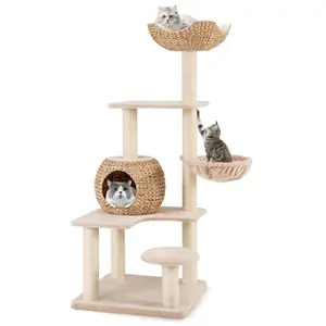 COSTWAY - 5-Layer Climbing Cat Tree with Sisal Scratching Posts and Washable Cushions-Beige