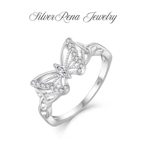 S925 Mother's Day Sterling Silver Butterfly Ring with 5A Cubic Zirconia Accent, Celtic Knot Design, Daily Wear Jewelry for Women