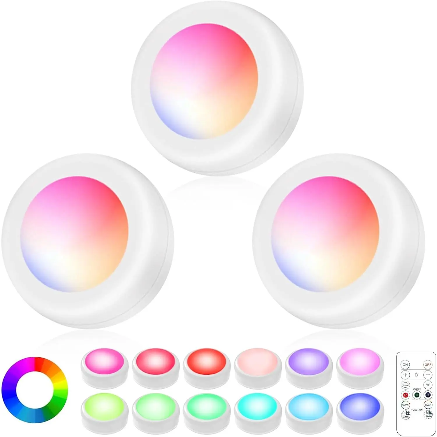 3 Pack LED Puck Lights for Indoor Use, Wireless Remote-Controlled Under Cabinet Lighting, Dimmable Timer, Color-Changing AAA Battery-Operated Push Night Lights (White)