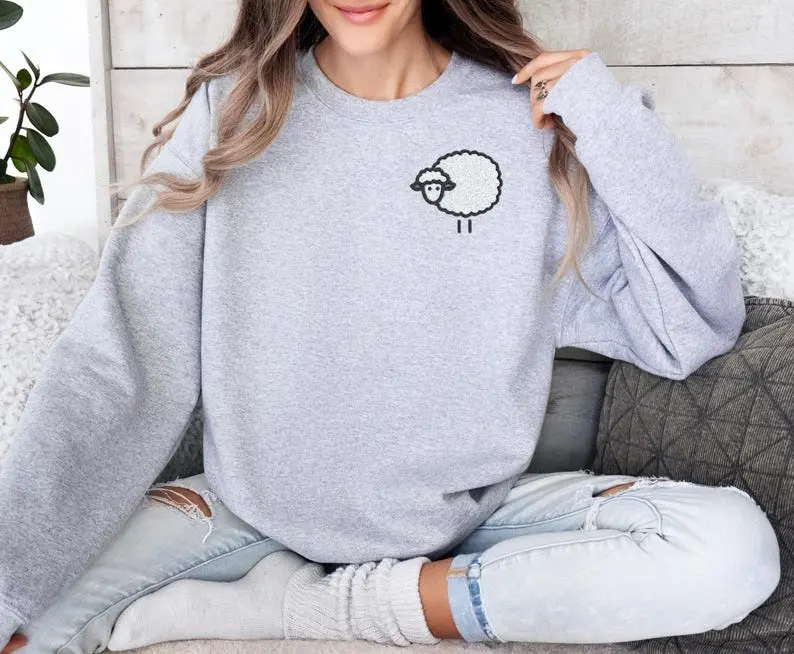 Embroidered Cute Sheep Sweatshirt Cozy Sweater Simple And Adorable Design Ideal Gift For Animal Lovers And Farm Fans Embroidery Crewneck