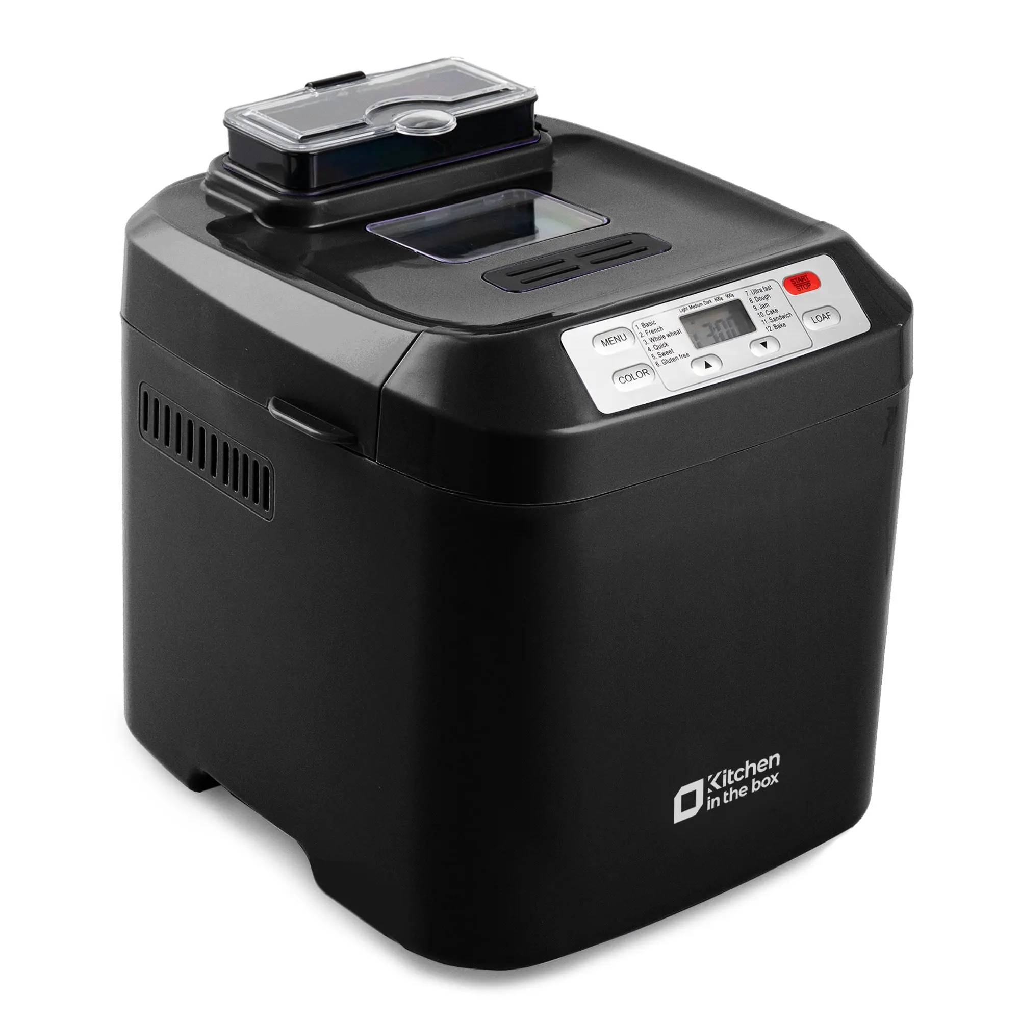 Kitchen in the Box 2lb Bread Maker with Auto Fruit Nut Dispenser, 12-in-1 Gluten-Free Bread Machine, 13H Delay Timer, Nonstick Pan, Keep Warm, Blackv
