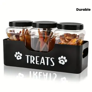 Pet Treat Box Set with 3 Sealed Plastic Jars - No Capacitors for Dog and Cat Food Storage - Durable Farmhouse Style Pet Treat Organizing Box, 1 Set