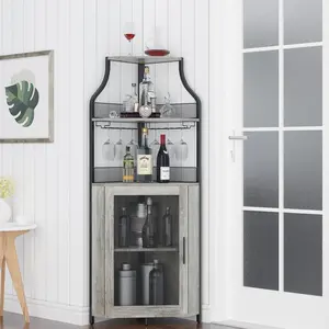 【GARVEE】Industrial Corner Wine Cabinet with Removable Rack and Glass Holder in Dark Wood Finish, Perfect for Stylish Wine Storage and Display in Home Bars or Living Spaces, Combining Functionality and Aesthetic Appeal for Wine Enthusiasts and Entertainers
