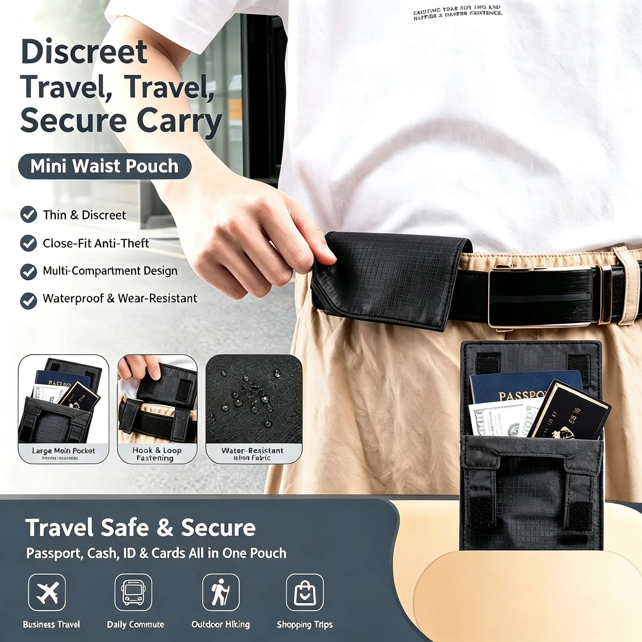 3-in-1 Hidden Pocket Travel Wallet, Foldable Under-Clothing Money Holder Nylon Secure Wallet for Passport Cash Cards, 0.06 Pounds Lightweight Passport Holder for Men & Women Vacation Essentials