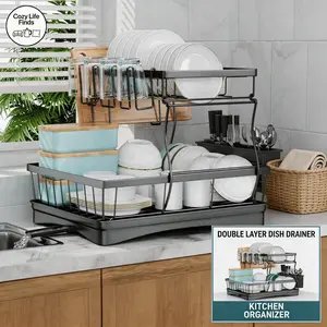 7 code Large Dish Drying Rack for Kitchen Counter, Detachable Large Capacity Dish Drainer Organizer, 2-Tier Dish Racks with Utensil Holder, Black