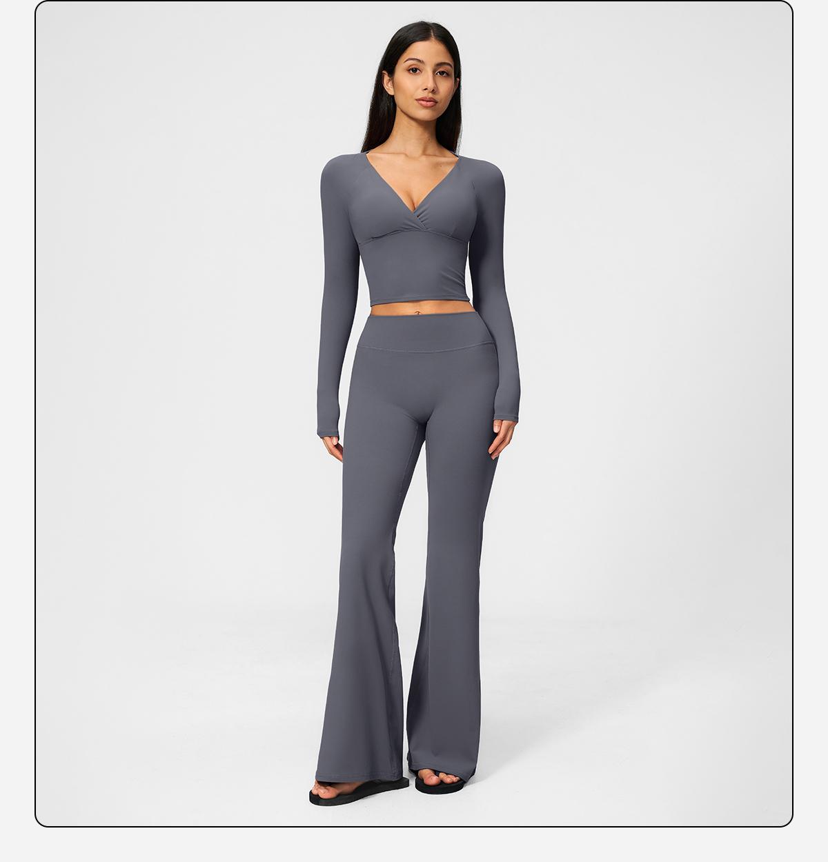 MFVIM Women’s Cross Deep V Long Sleeve Fitness Two-Piece Set – High-Waisted Slightly Flared Pants, Slimming Commuter Running Yoga Activewear Set,travel essentials,camping essentials,back to school,back to school haul